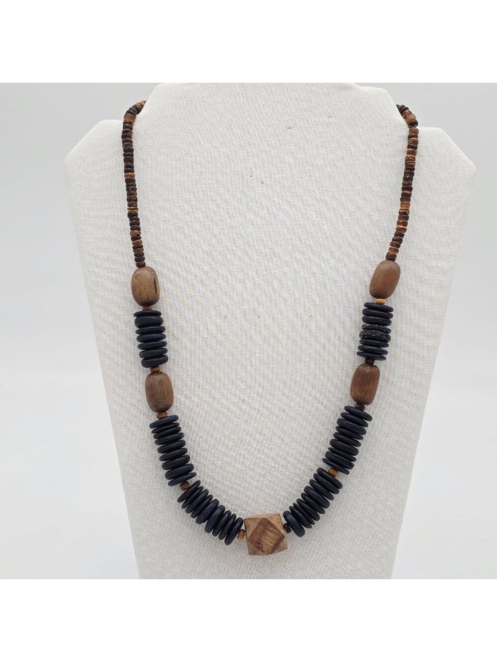 Wood & Black Beaded Boho Necklace Rustic Tribal-Inspired 22"